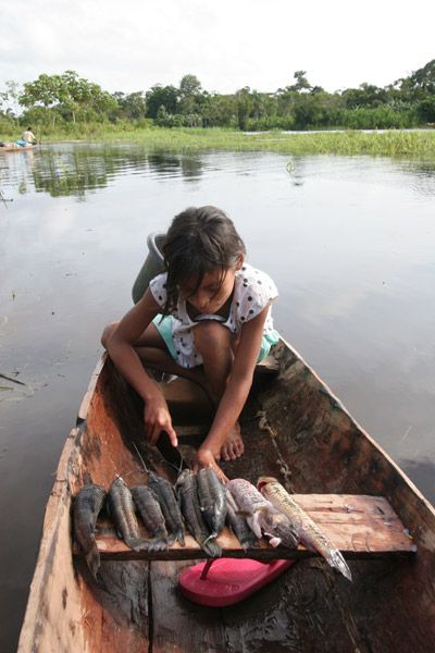 Niña preparando pescado en una canoa, a la orilla del río
